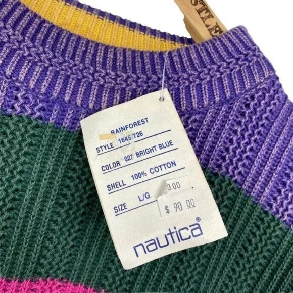 NWT NAUTICA WOMEN'S VINTAGE RAINFOREST STRIPED CHUNKY SWEATER LARGE - Picture 3 of 7